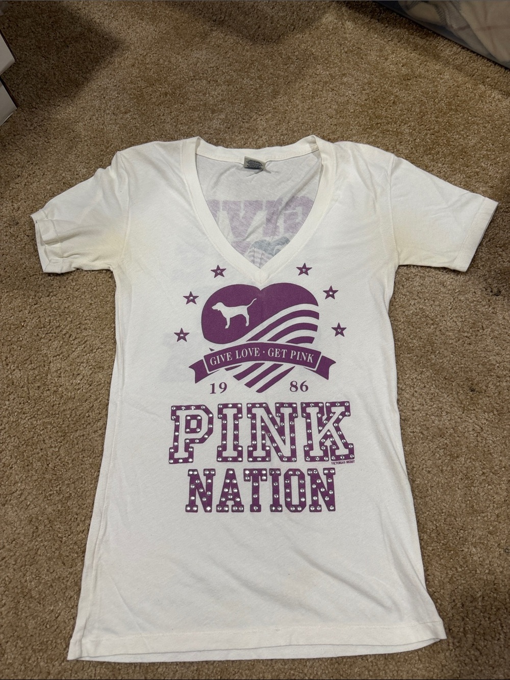 PINK Victoria's Secret White V-Neck 'PINK NATION' Graphic Tee with Purple Print